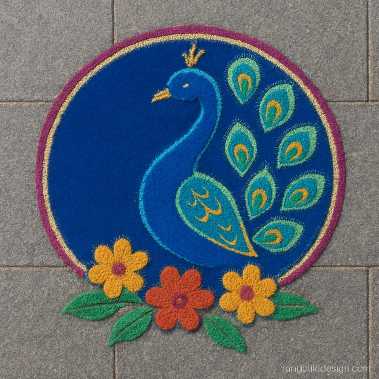 Peacock rangoli designs for new year with a long curved tail of feather eyes