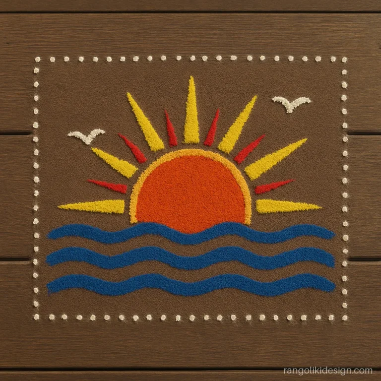 Rangoli for new year with a rising sun over waves at a wooden doorstep