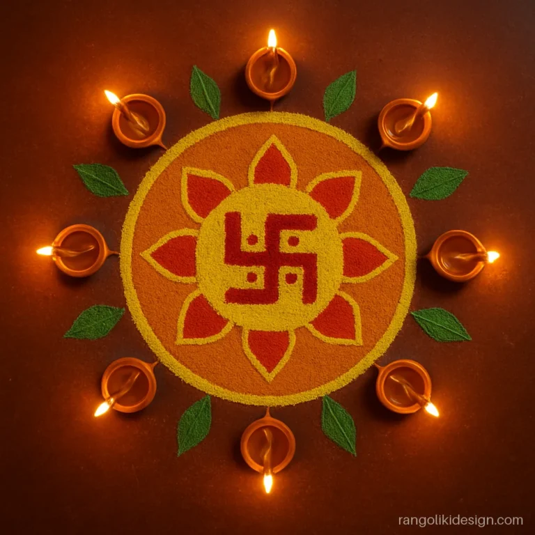 Gujarati new year rangoli with a saathiya swastik inside a ring of eight diyas