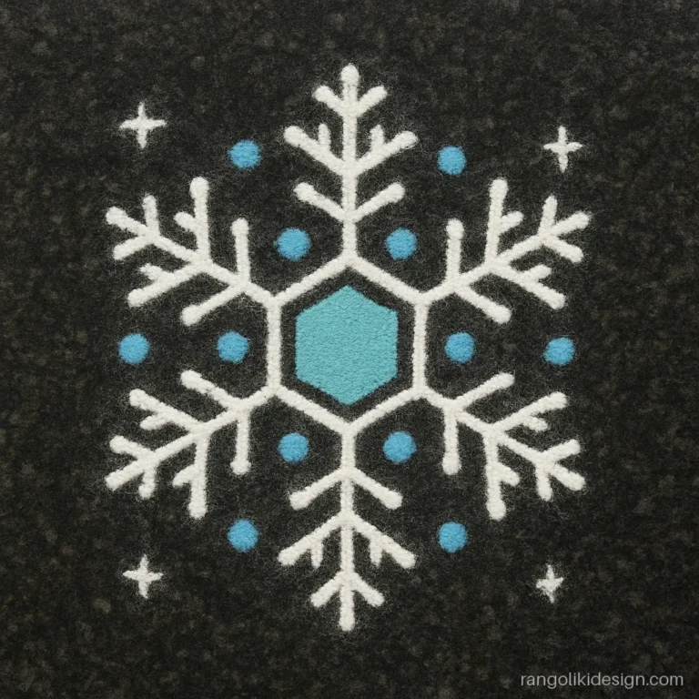 Simple new year rangoli of a six arm snowflake in blue and white