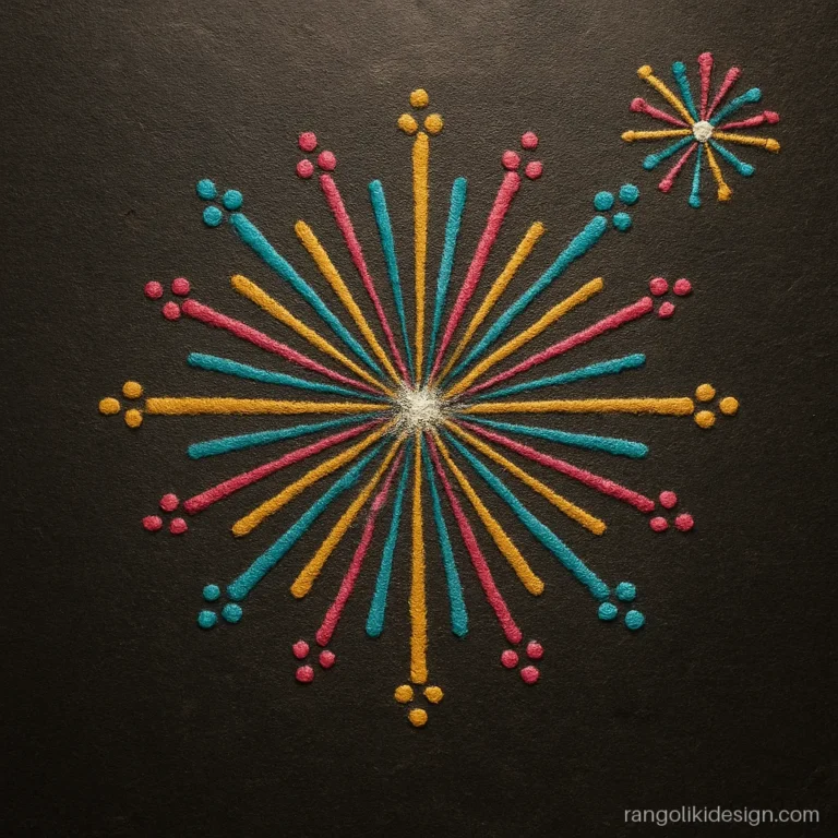 New year rangoli design shaped like a firework sparkle burst on a dark floor