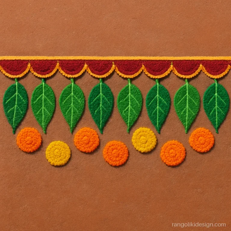 Rangoli for new year as a toran border of mango leaves and marigolds