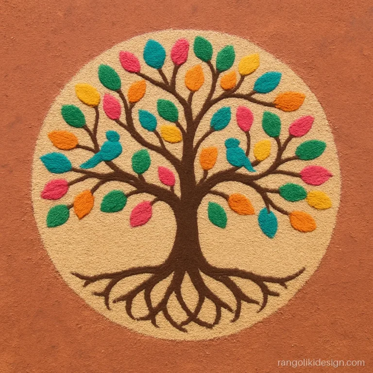 Special new year rangoli designs with a tree of life and colourful round leaves