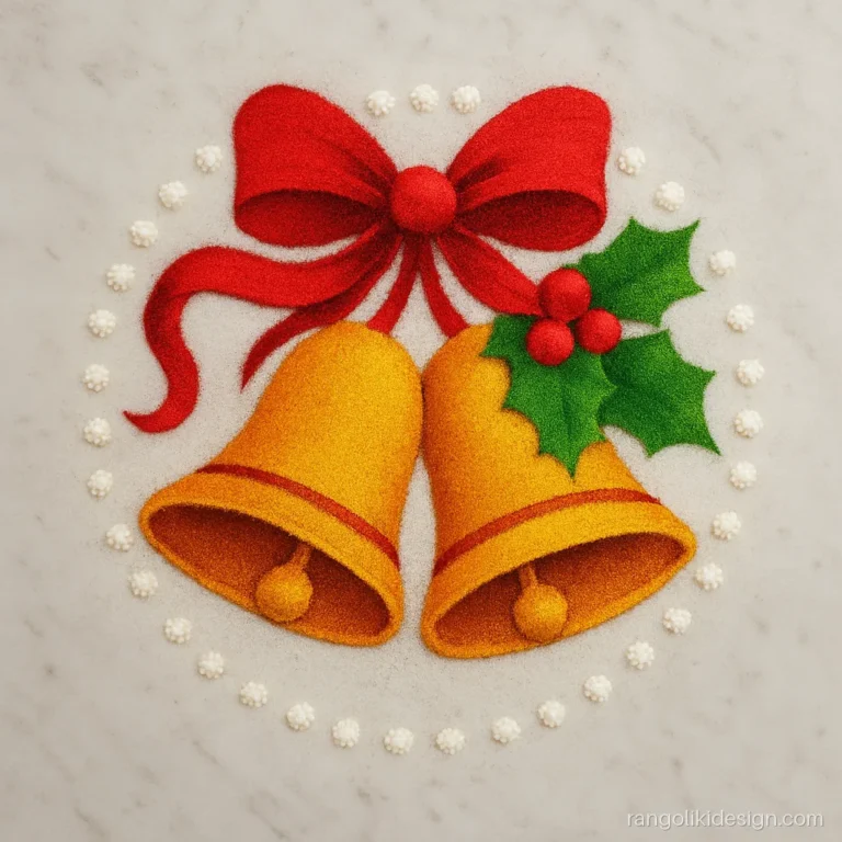 Happy new year rangoli with two golden bells tied with a red ribbon bow