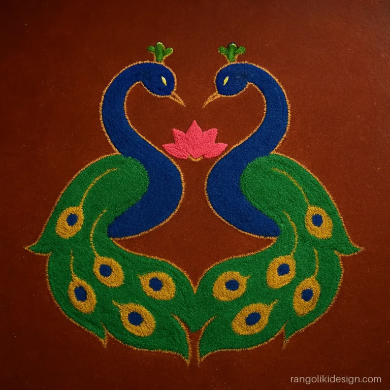 Beautiful rangoli design for new year with two peacocks forming a heart