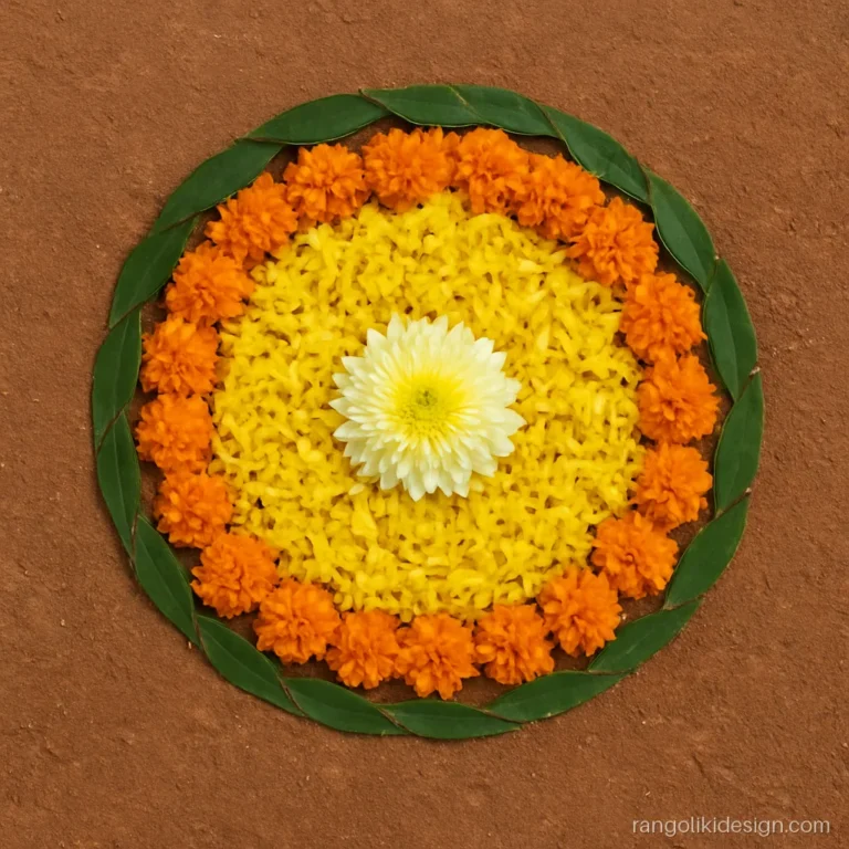Simple onam rangoli design for Atham day with a small yellow flower ring