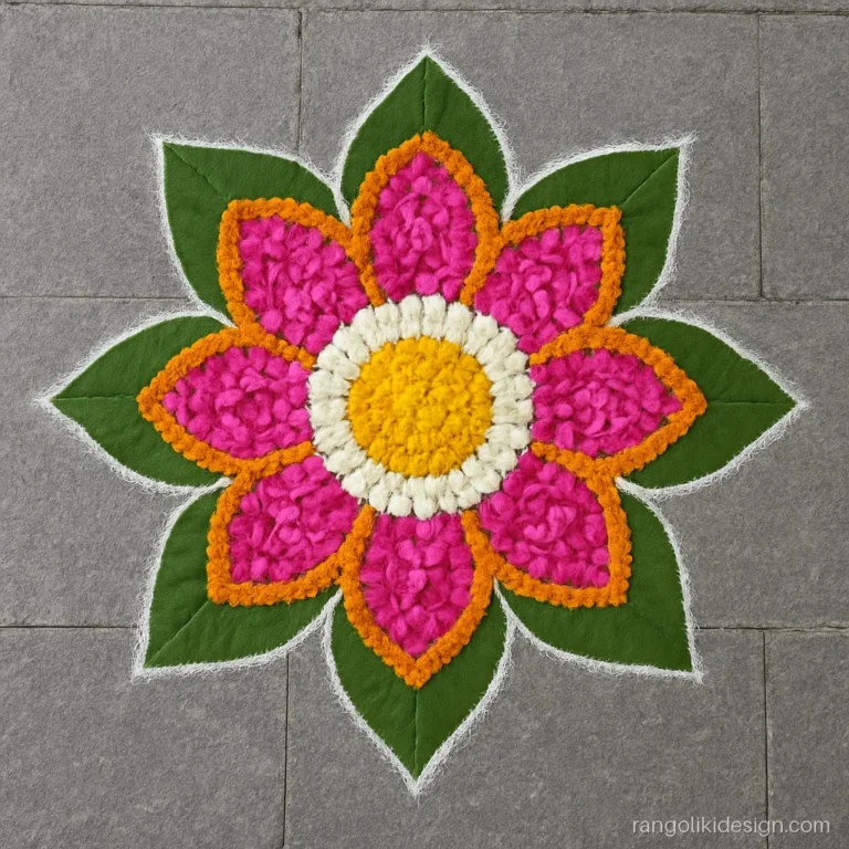 Traditional kerala rangoli design of a flower lotus star with eight petals