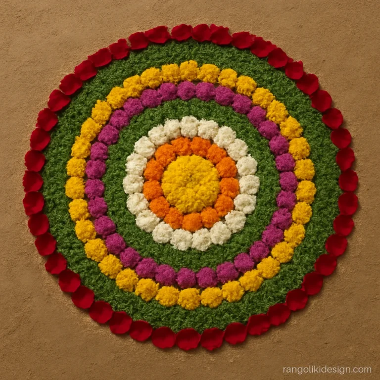 Onam flower rangoli design of a ten-ring athapookalam with marigold and chrysanthemum