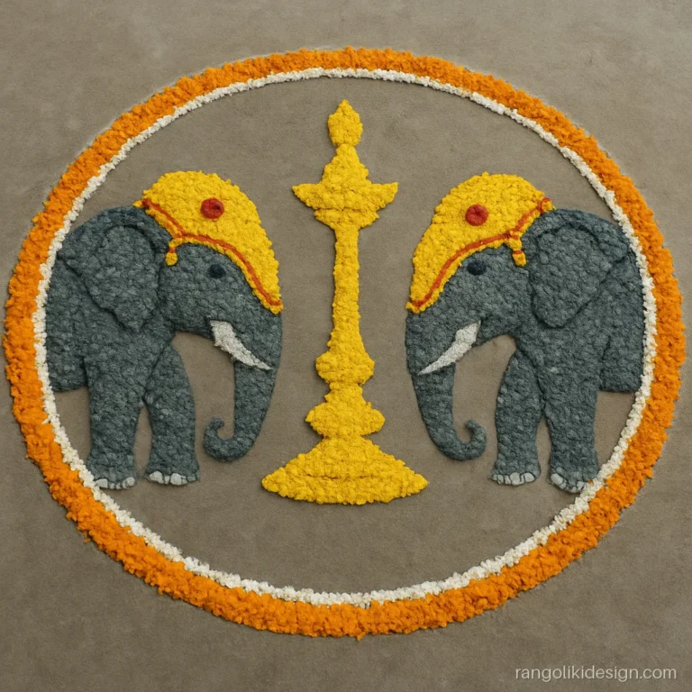 Onam rangoli designs with colours showing two caparisoned elephants