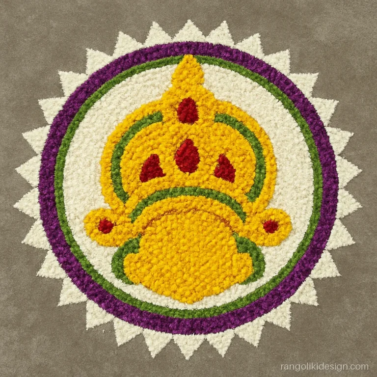 Competition onam rangoli design of a kathakali crown with flowers