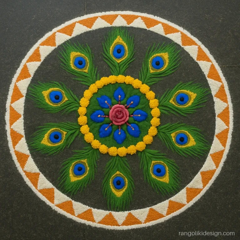 Onam flower rangoli designs for competition with peacock feather mandala