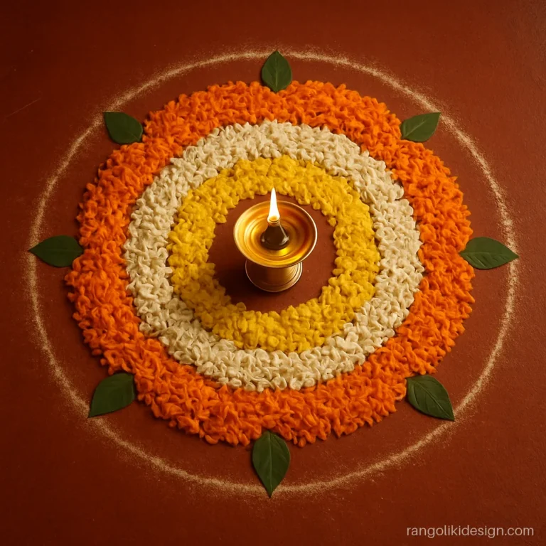 Simple kerala rangoli design with a brass nilavilakku at the centre