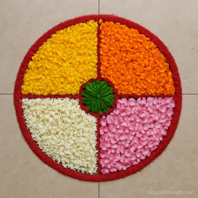 Simple flower rangoli designs onam style with four coloured quarters
