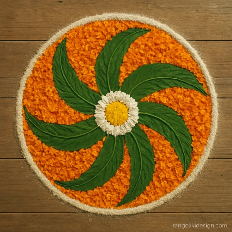 Onam rangoli designs easy pinwheel of leaves and marigold petals