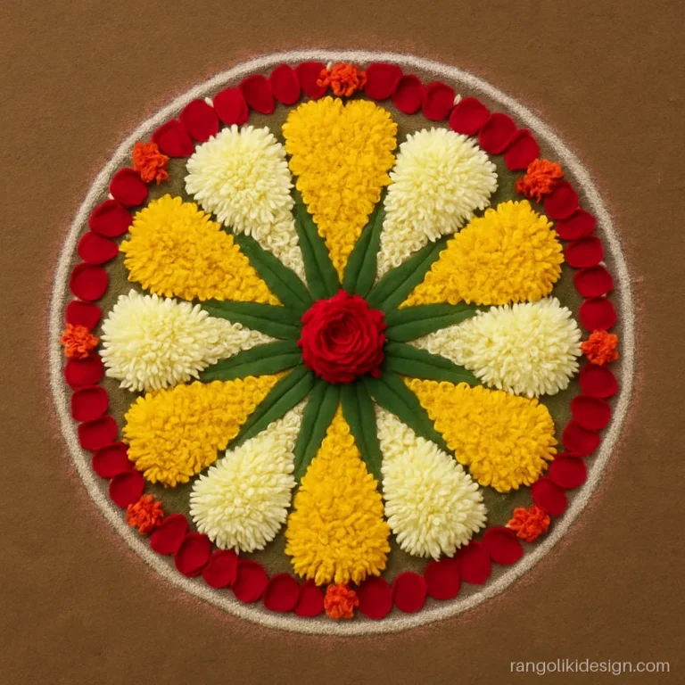 Onam theme rangoli design of a palm-leaf umbrella in flower petals