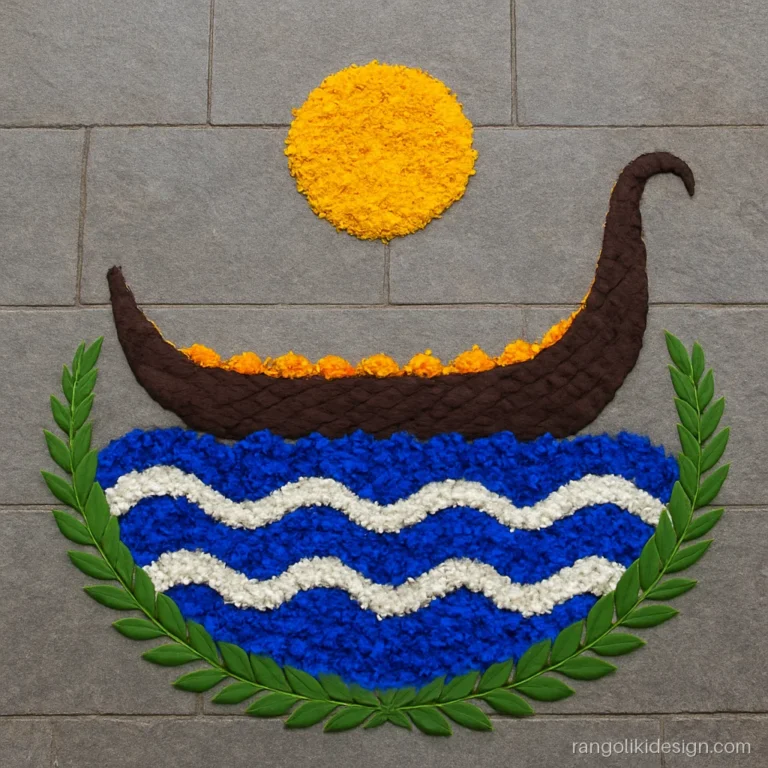 Onam festival rangoli design of a snake boat on blue petal waves