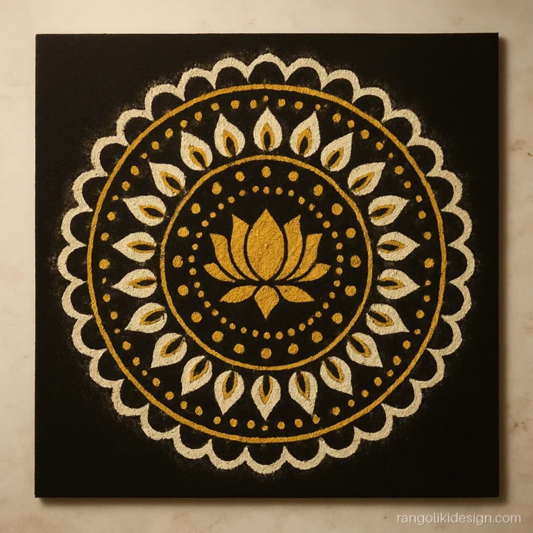 Rangoli painting design on a black canvas with a gold and white mandala