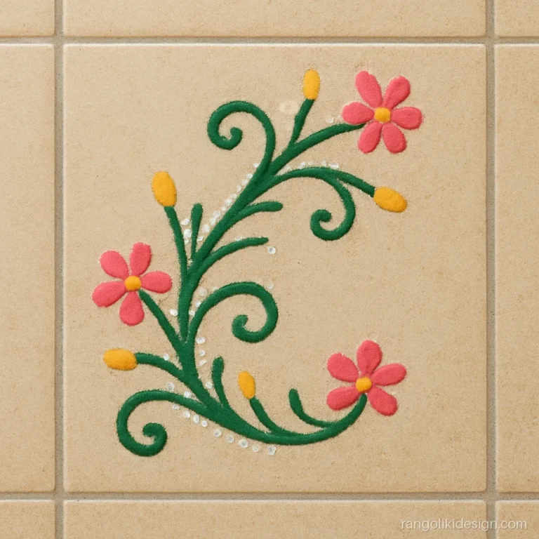 Easy floor painting rangoli design of flowering vines in a floor corner