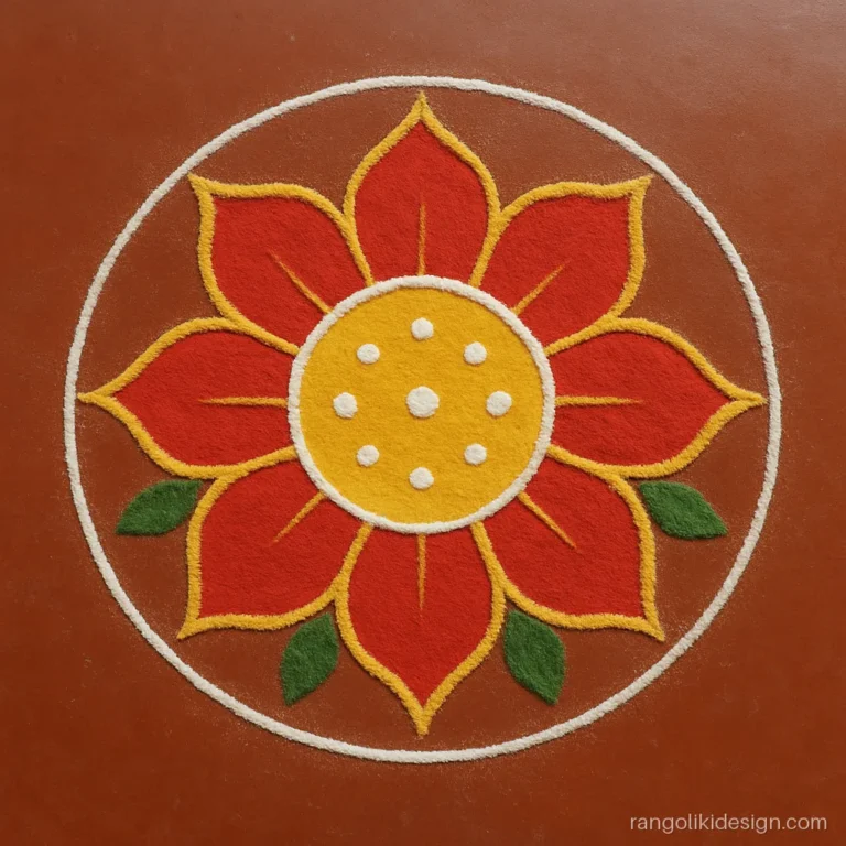 Floor oil paint rangoli design with a red and gold lotus at the home entrance