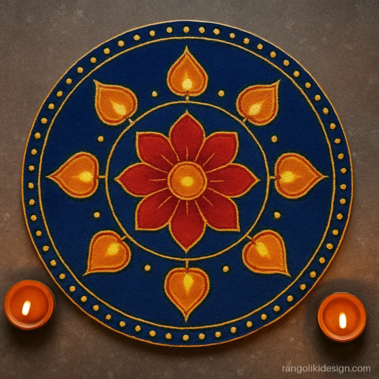 Paint rangoli designs for Diwali on a round MDF board with diyas