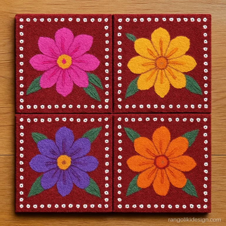Small rangoli designs with paint on four spare tiles with matching flowers