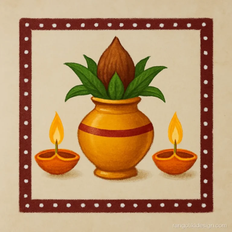 Rangoli designs on tiles floor of a pooja room with a painted kalash and diyas