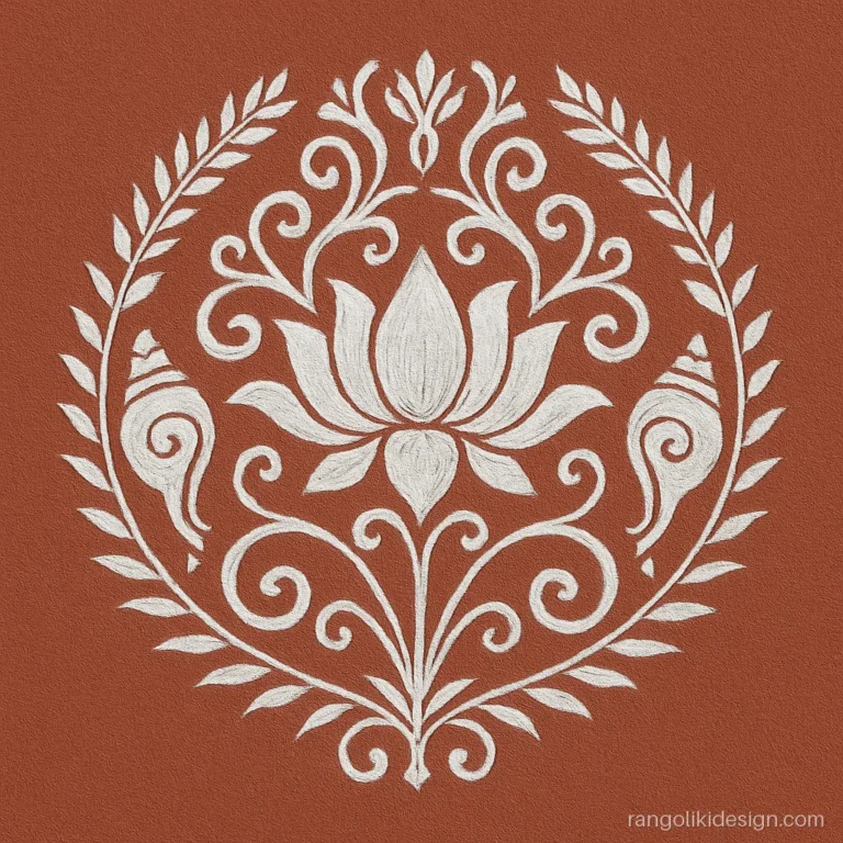 White paint wall rangoli design in Bengal alpona style with lotus and conch