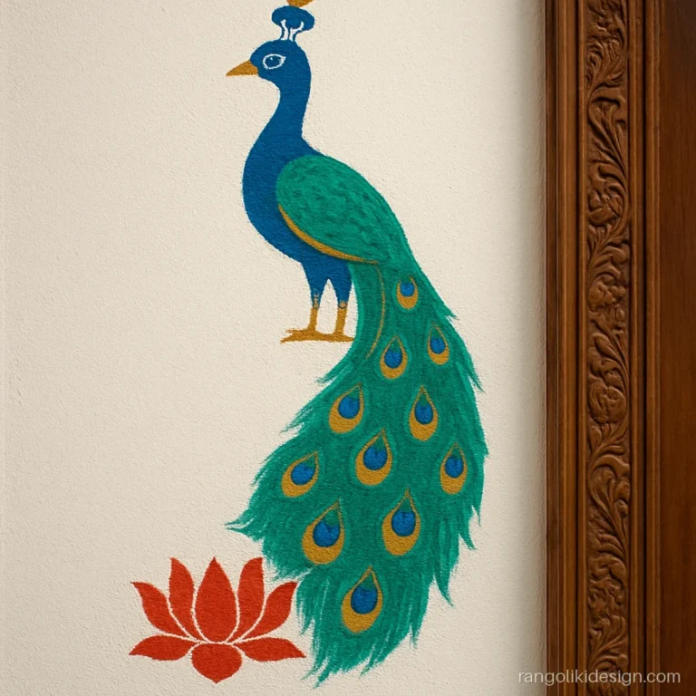 Art wall painting rangoli design of a peacock beside the main door