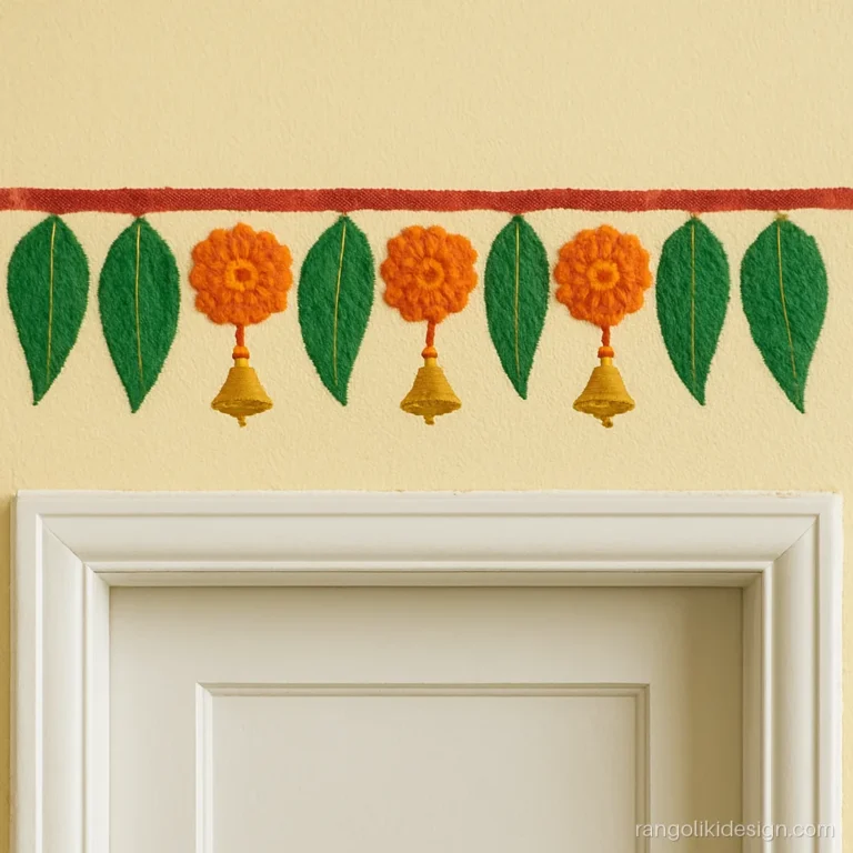 Easy wall rangoli designs with a painted toran border of mango leaves