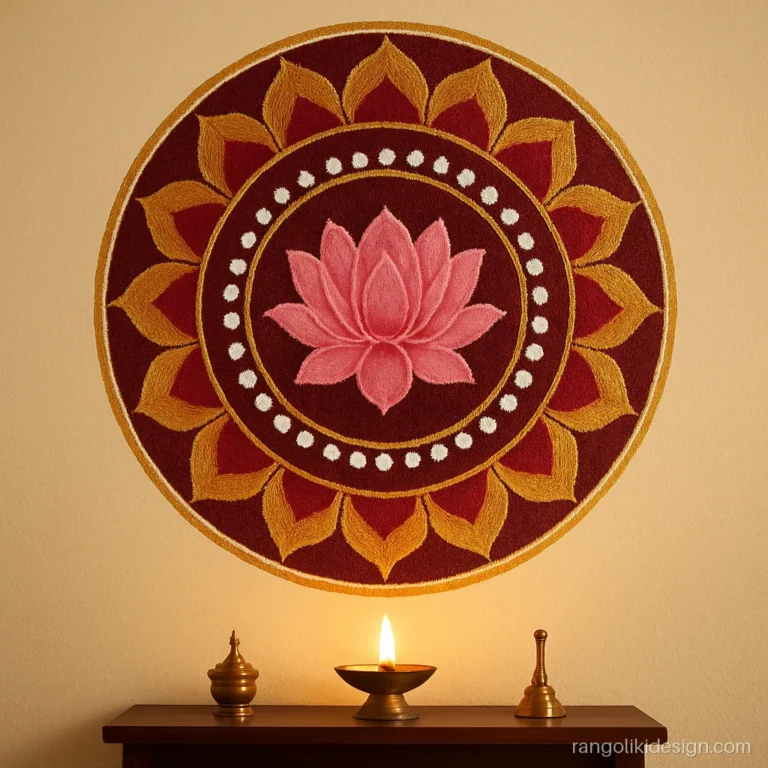 Wall painting rangoli design with a gold mandala behind a pooja shelf