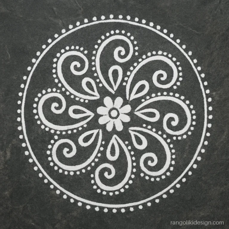 White paint rangoli design on a marble floor with swirls and dots