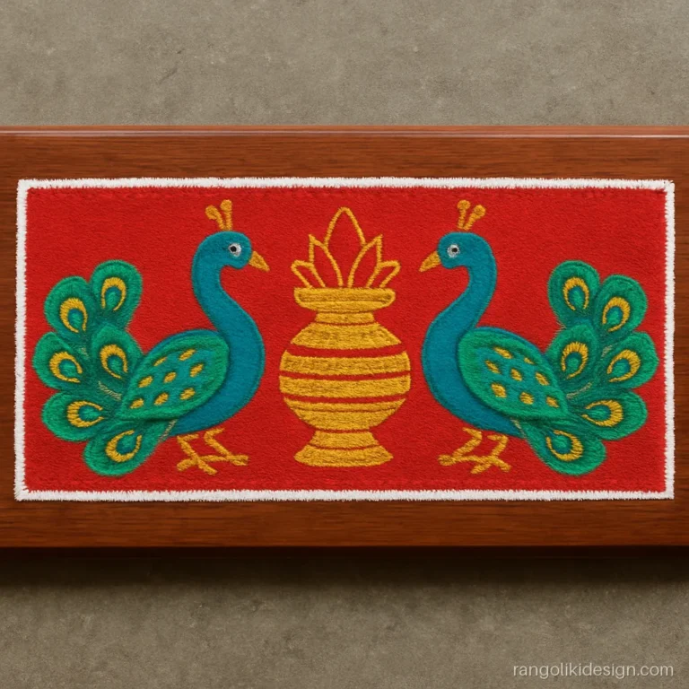 Painting rangoli designs with colours on a wooden plank with a peacock pair
