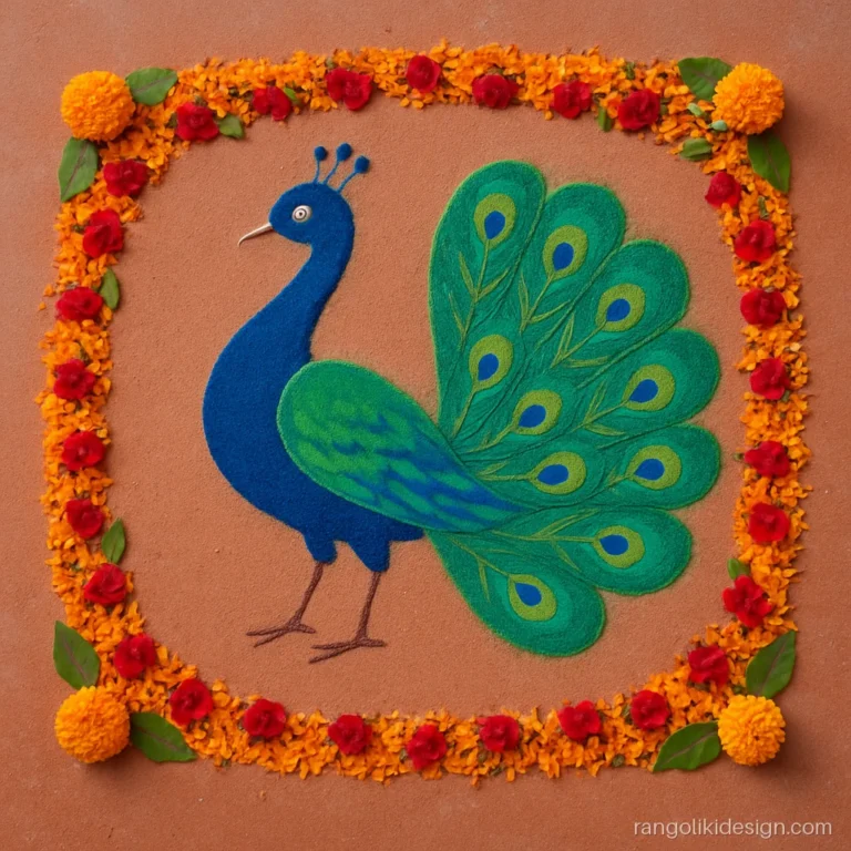 Peacock flower rangoli design with a big peacock in a garden of marigolds