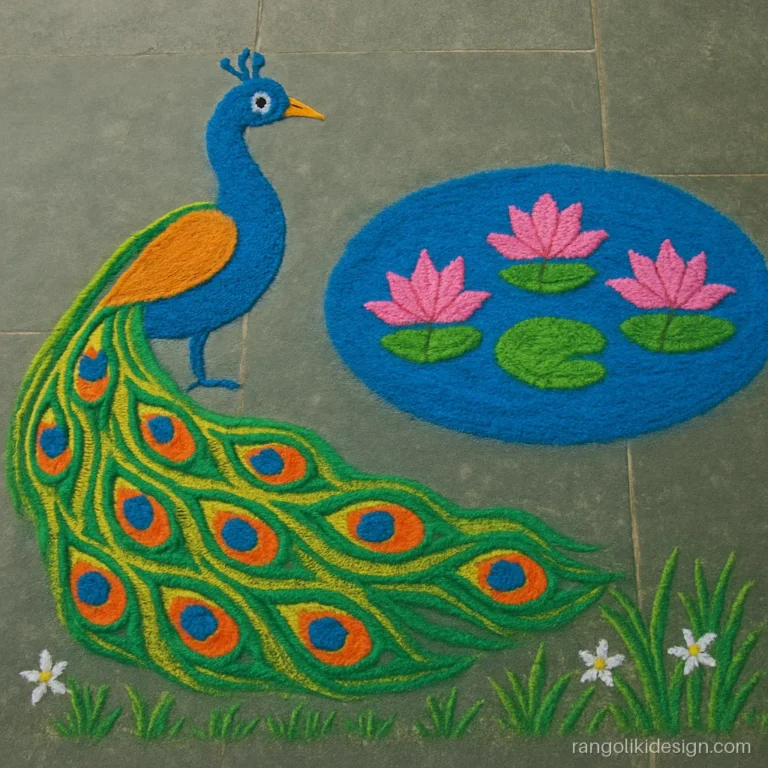 Beautiful peacock rangoli design standing near a lotus pond