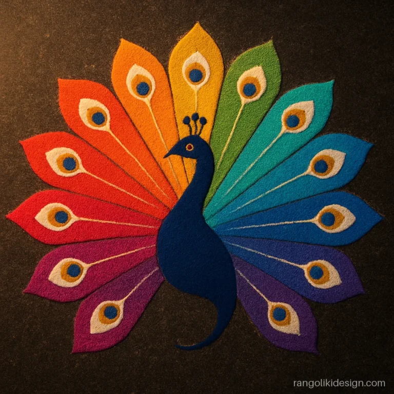 Peacock unique rangoli design with a rainbow coloured tail