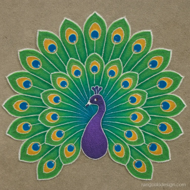 Big peacock rangoli design with a wide spread tail in a semicircle