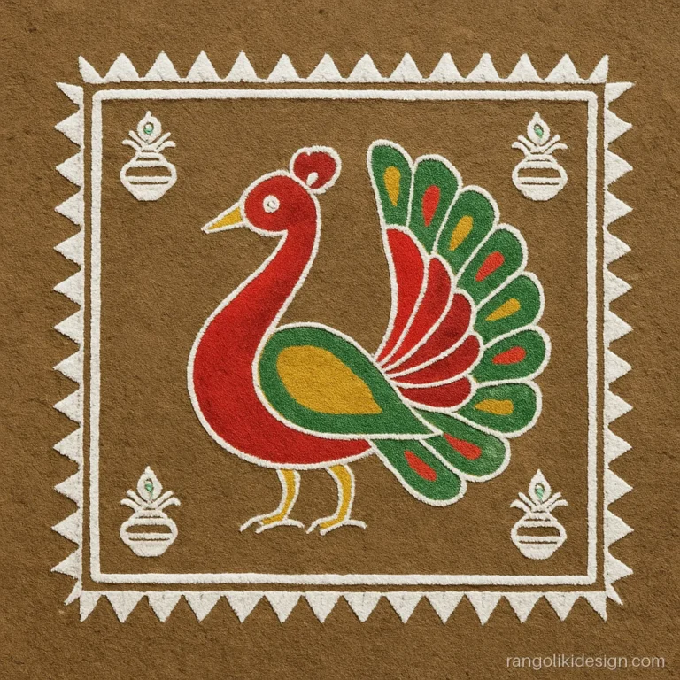 Traditional big peacock rangoli design inside a square chowk border
