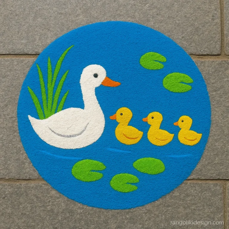 Duck rangoli designs with a mother duck and ducklings in a pond