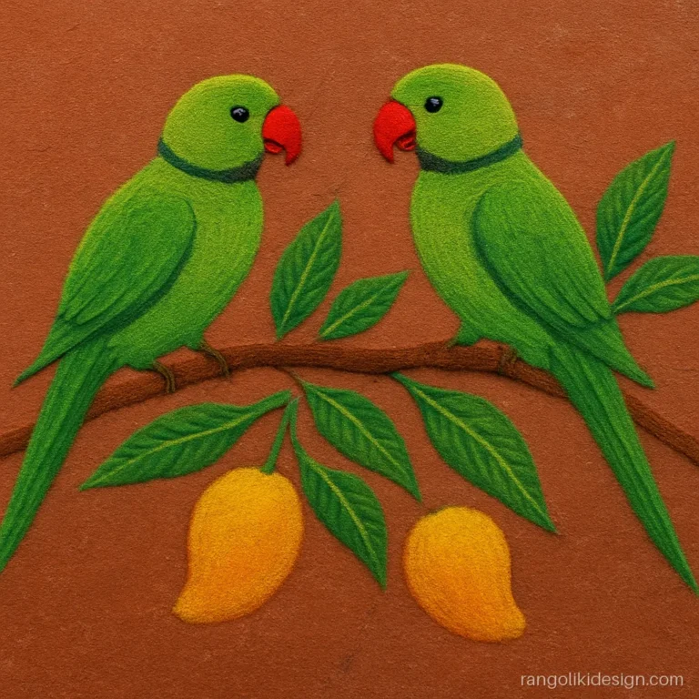 Free hand parrot rangoli designs with two green parrots on a branch