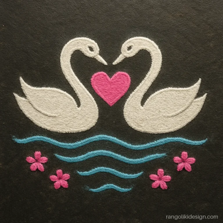 Swan rangoli designs with two swans forming a heart over water
