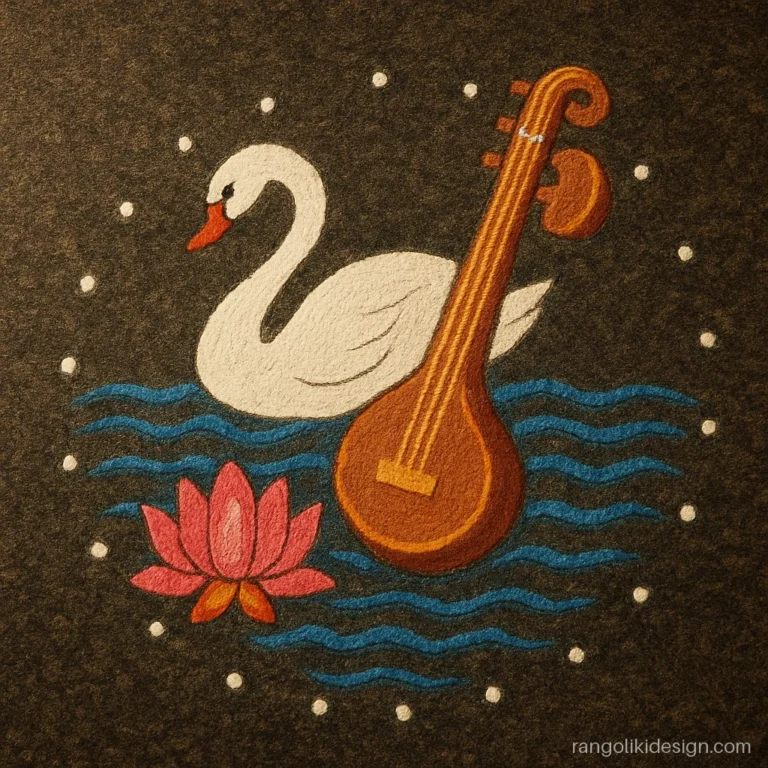Swan veena rangoli design with a white swan, veena and lotus