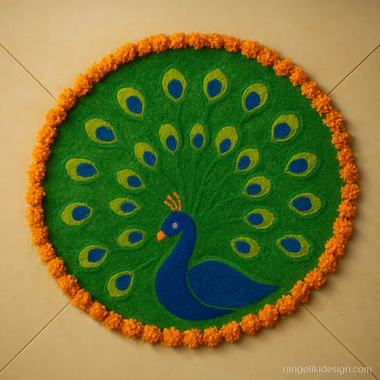Easy peacock rangoli design for Diwali in a corner with marigold petals