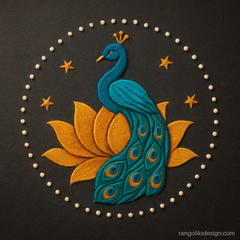 Mor rangoli designs for Diwali with a peacock sitting on a gold lotus