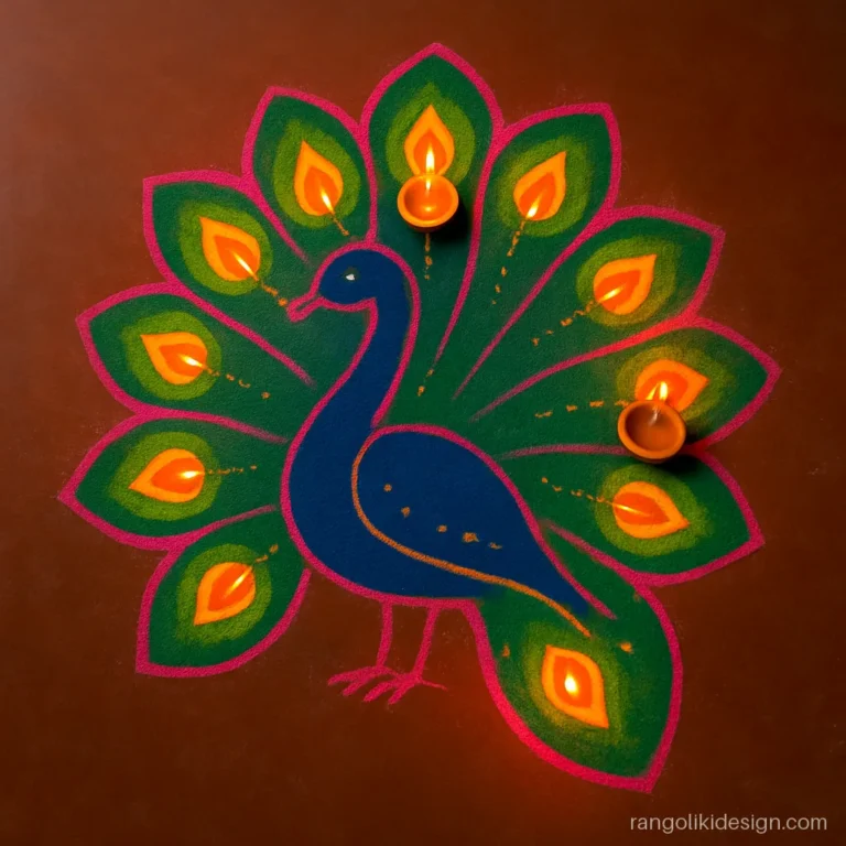 Peacock rangoli designs for Diwali with diyas drawn on every tail feather