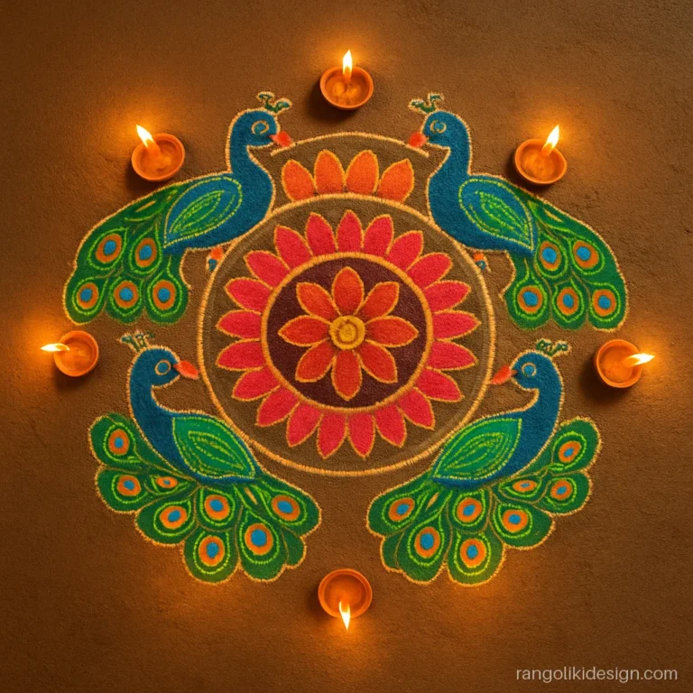 Beautiful rangoli designs for Diwali peacock mandala with four birds