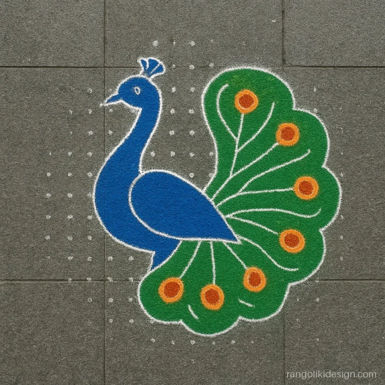 Peacock rangoli design with dots on an 11 to 6 dot grid