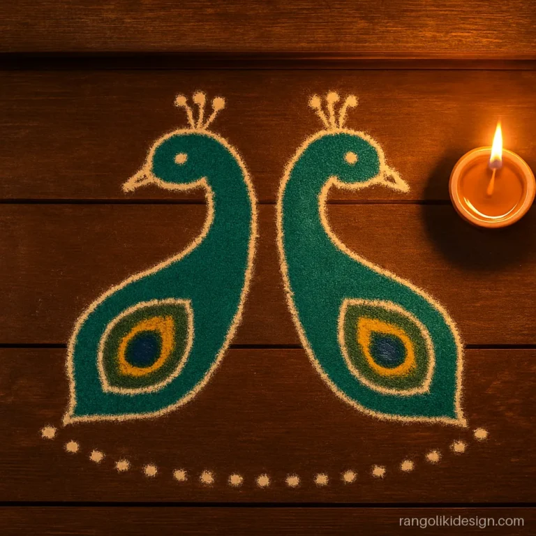 Small peacock rangoli designs with dots, two peacock heads on a 9 dot grid