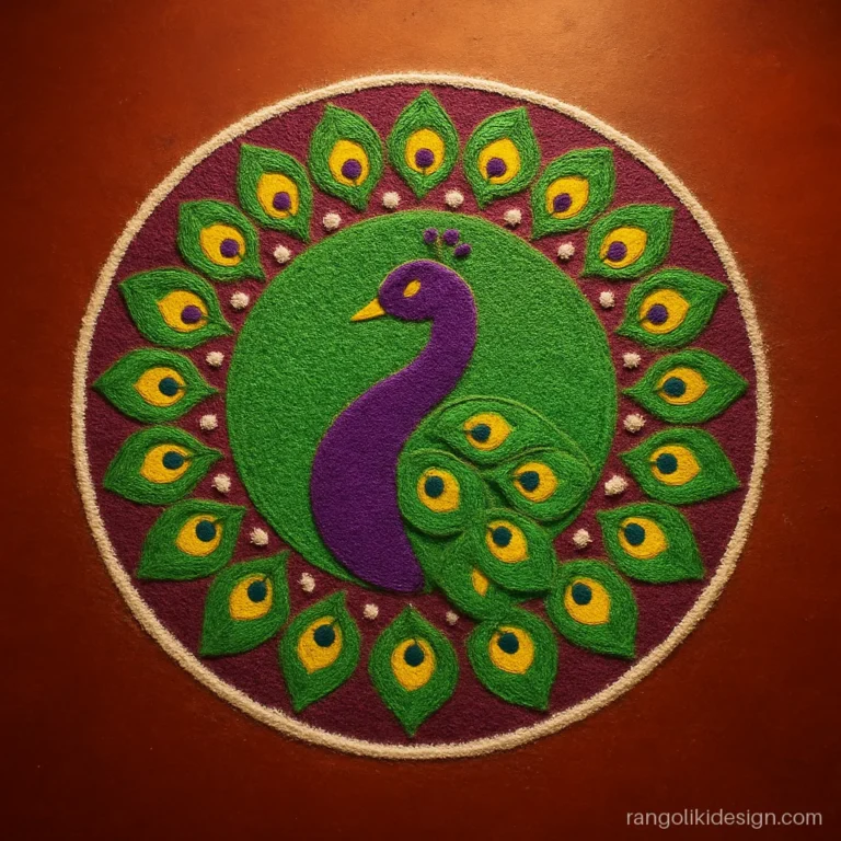 Peacock circle rangoli design with dots arranged in rings instead of rows