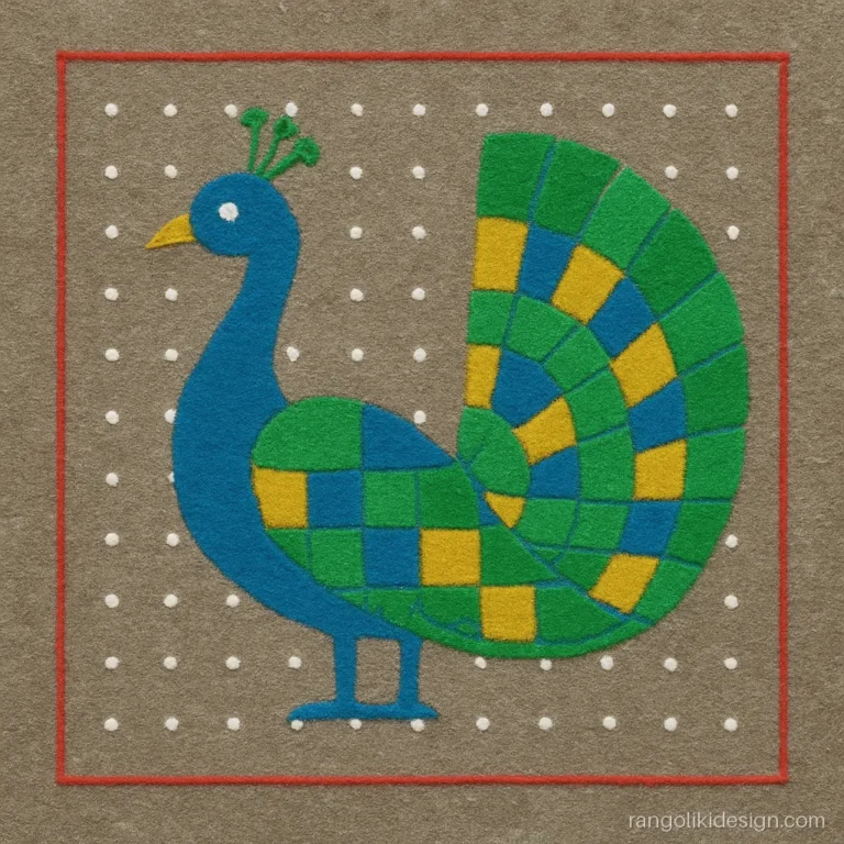 Easy peacock rangoli design on a 15 by 15 straight dot grid