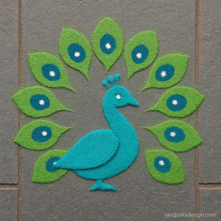 Easy peacock rangoli design with a tail made of spoon-pressed feather shapes